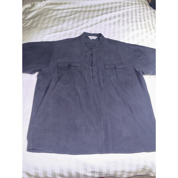 VINTAGE MENS GENELLI Black Monotone SILK SHIRT NEHRU COLLAR 2XL Short Sleeved - Picture 3 of 8